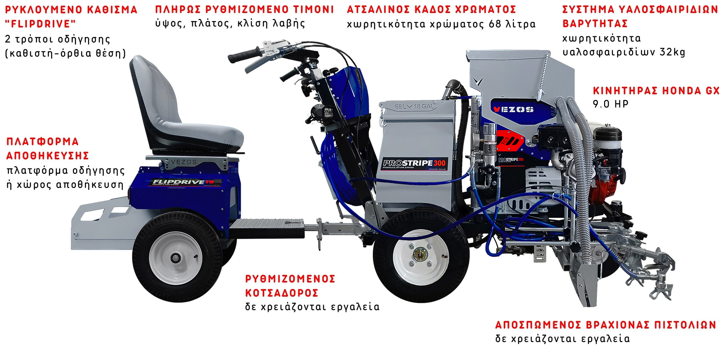 αυτοκινουμενο διαγραμμιστικο μηχανημα vezos prostripe 300 - υαλοσφαιριδια - καδος χρωματος - καθισμα διαγραμμισης